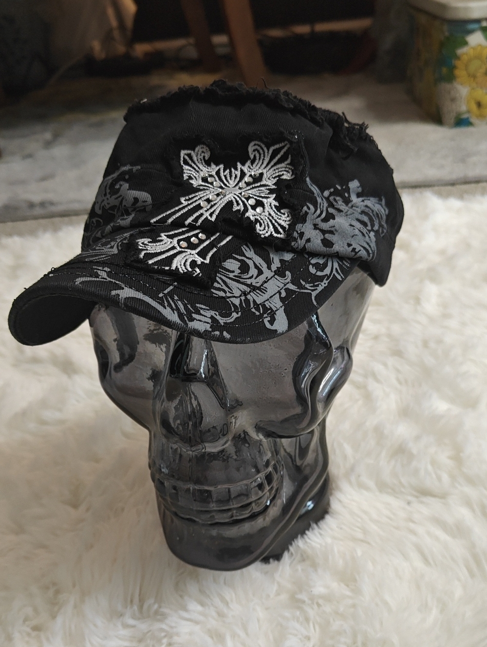 Y2K Vintage 100% Cotton Rhinestone Embroidered Distressed  Adjustable Cadet Cap